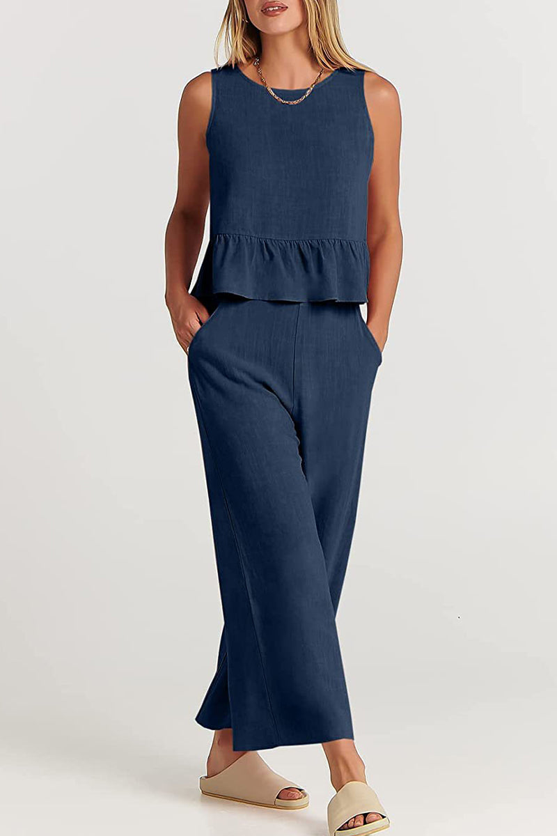 Kaynafashions - Casual Simplicity Solid Pocket Buttons O Neck Sleeveless Two Pieces