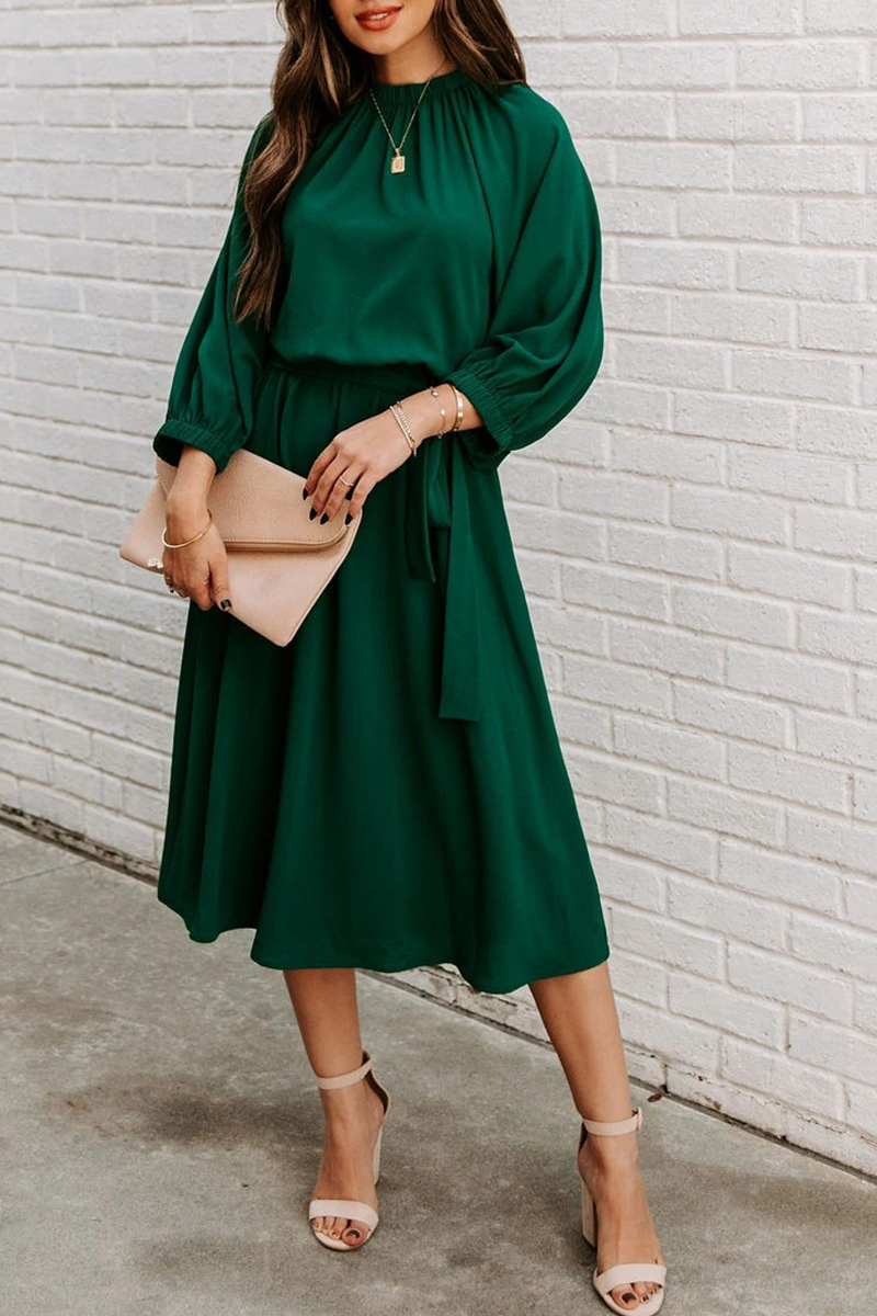 Kaynafashions - Casual Solid Patchwork O Neck Waist Skirt Dresses