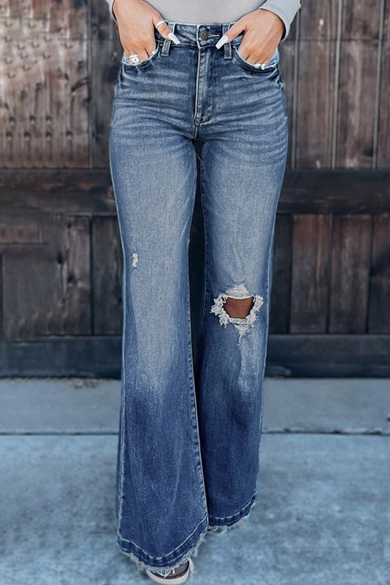 Kaynafashions - Street Solid Ripped High Waist Boot Cut Denim Jeans