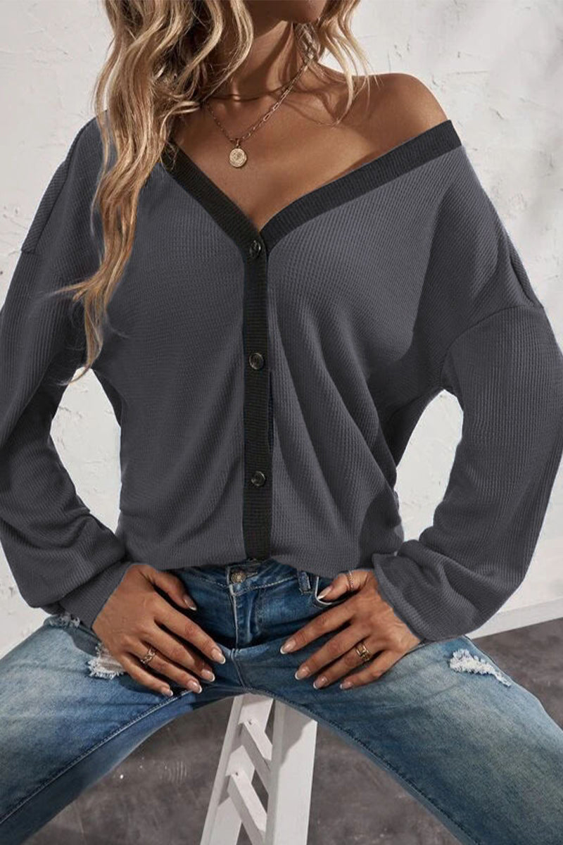 Kaynafashions - Casual Solid Patchwork Buttons V Neck T-Shirts(7 Colors)