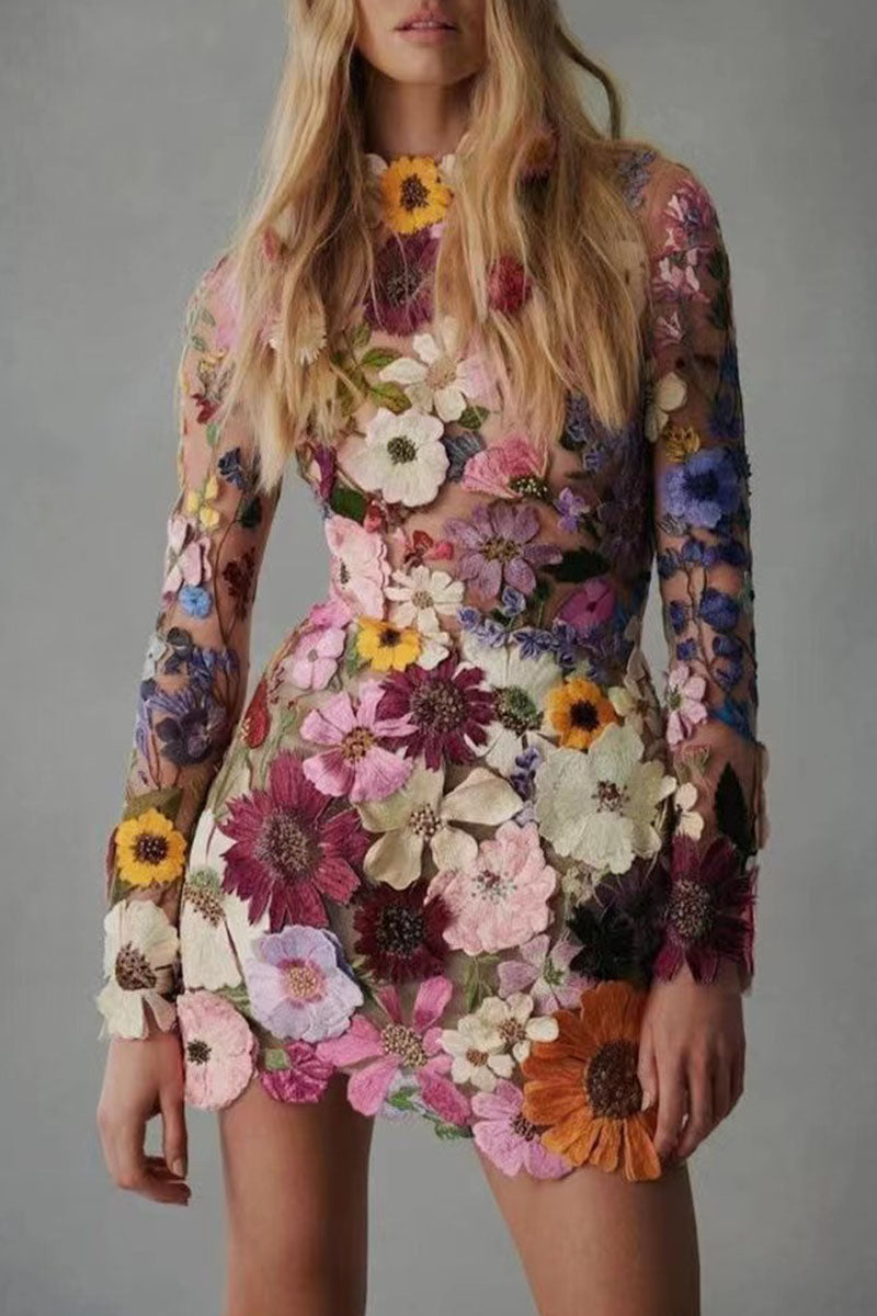 Kaynafashions - Sweet Patchwork Appliques Half A Turtleneck One Step Skirt Dresses