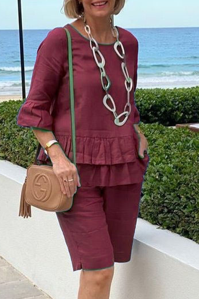 Kaynafashions - Casual Solid Flounce O Neck Half Sleeve Two Pieces