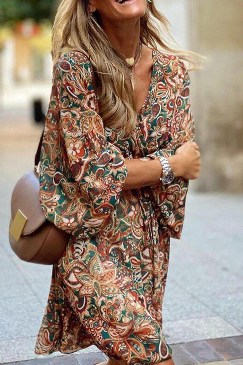 Kaynafashions - Casual Print Patchwork V Neck Cake Skirt Dresses