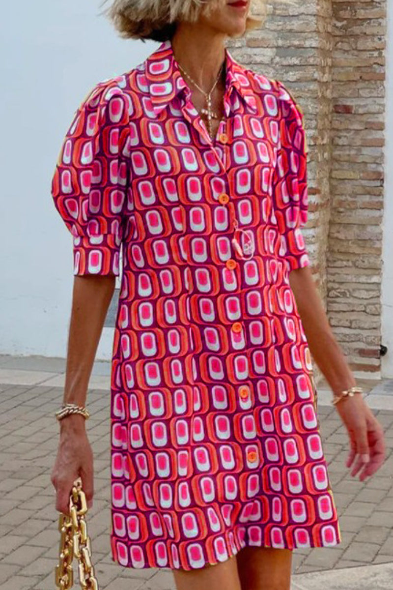 Kaynafashions - Casual Sweet Geometric Printing Turndown Collar Shirt Dress Dresses