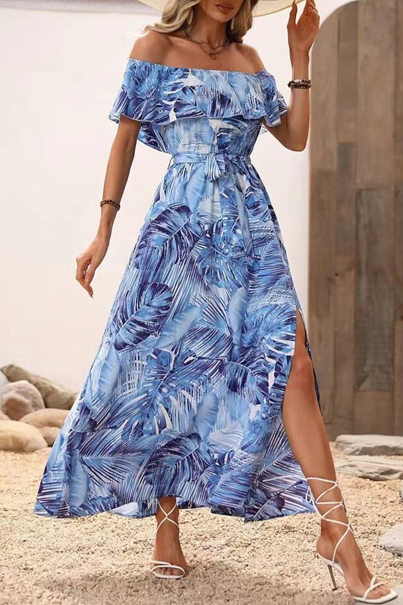 Kaynafashions - Sexy Vacation Floral Frenulum Slit Off the Shoulder Printed Dress Dresses