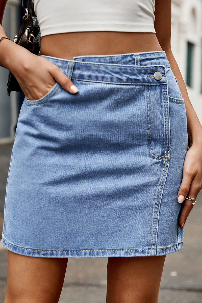 Kaynafashions - Street Solid Pocket Asymmetrical Loose Denim Skirts