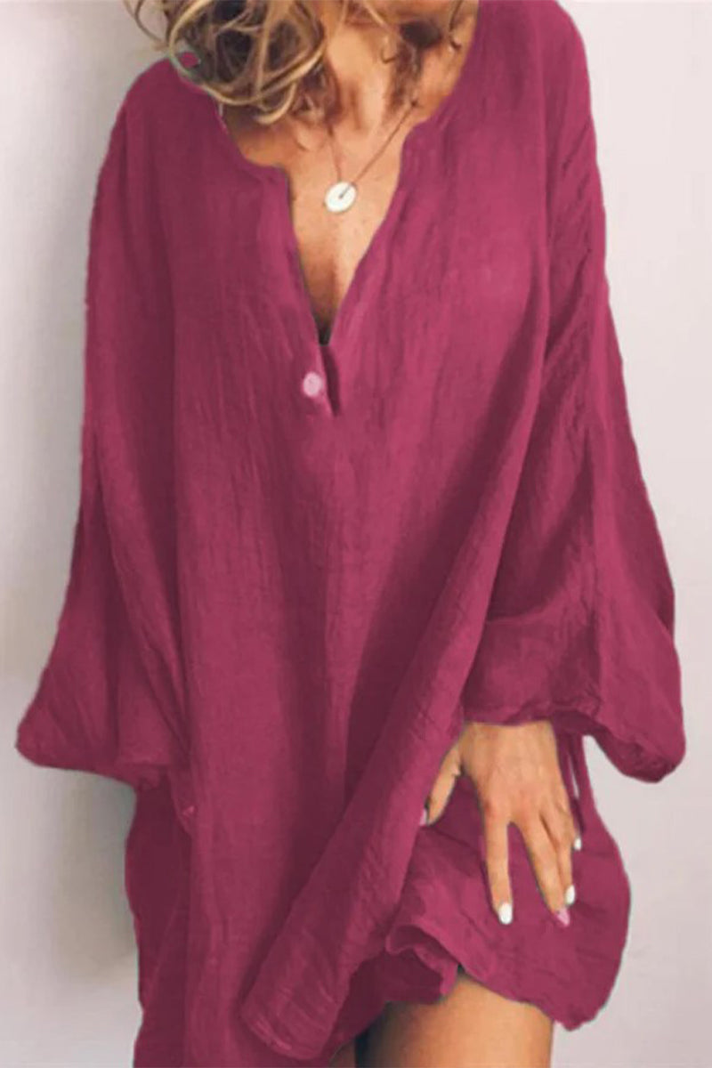 Kaynafashions - Plus Size Casual Solid Buttons V Neck Long Sleeve Dresses