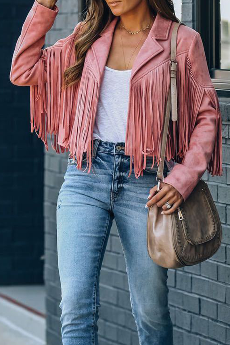 Kaynafashions - Fashion Street Solid Tassel Patchwork Turndown Collar Outerwear