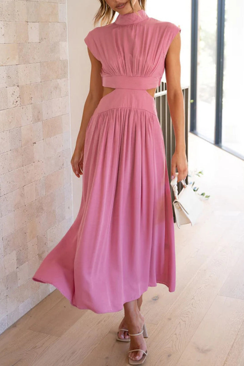 Kaynafashions - Sweet Elegant Solid Hollowed Out Mandarin Collar A Line Dresses(8 Colors)