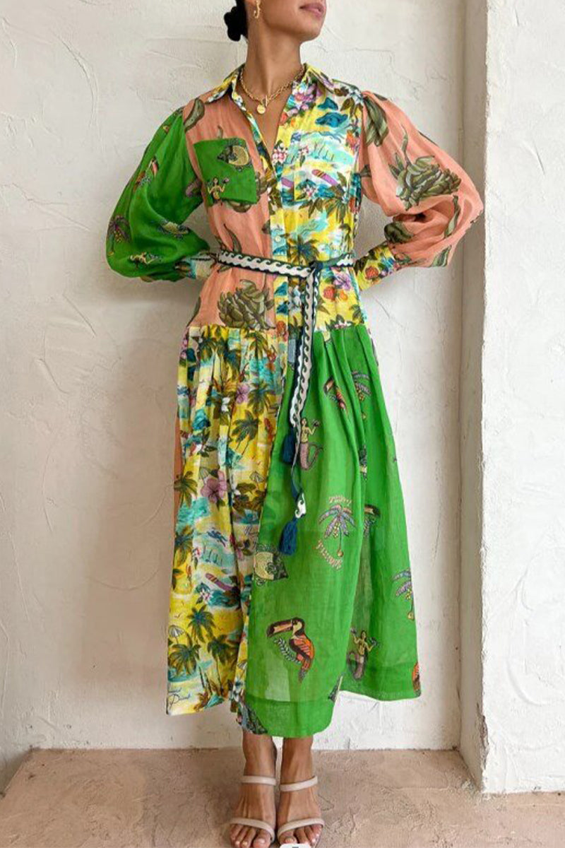 Kaynafashions - Elegant College Print Buckle Turndown Collar Waist Skirt Dresses