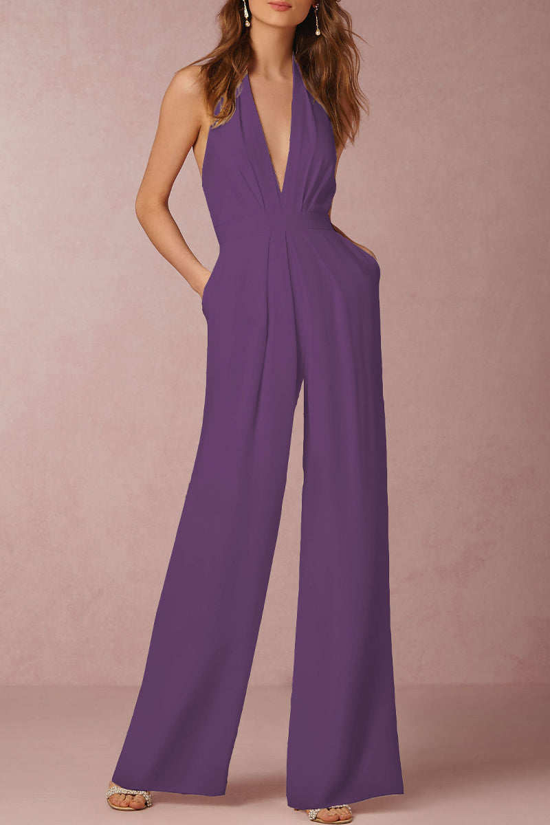 Kaynafashions - Sexy Elegant Solid Backless Fold V Neck Regular Jumpsuits(12 Colors)