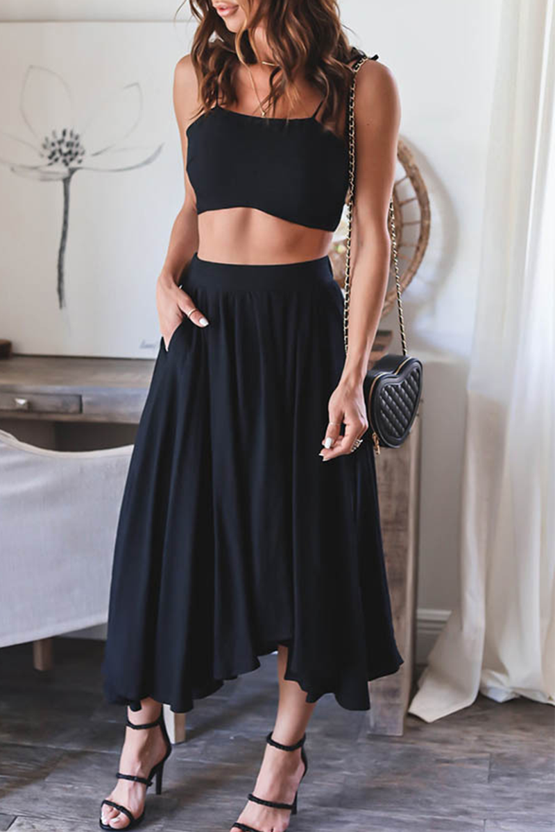 Kaynafashions - Casual Solid Patchwork Spaghetti Strap Sleeveless Two Pieces