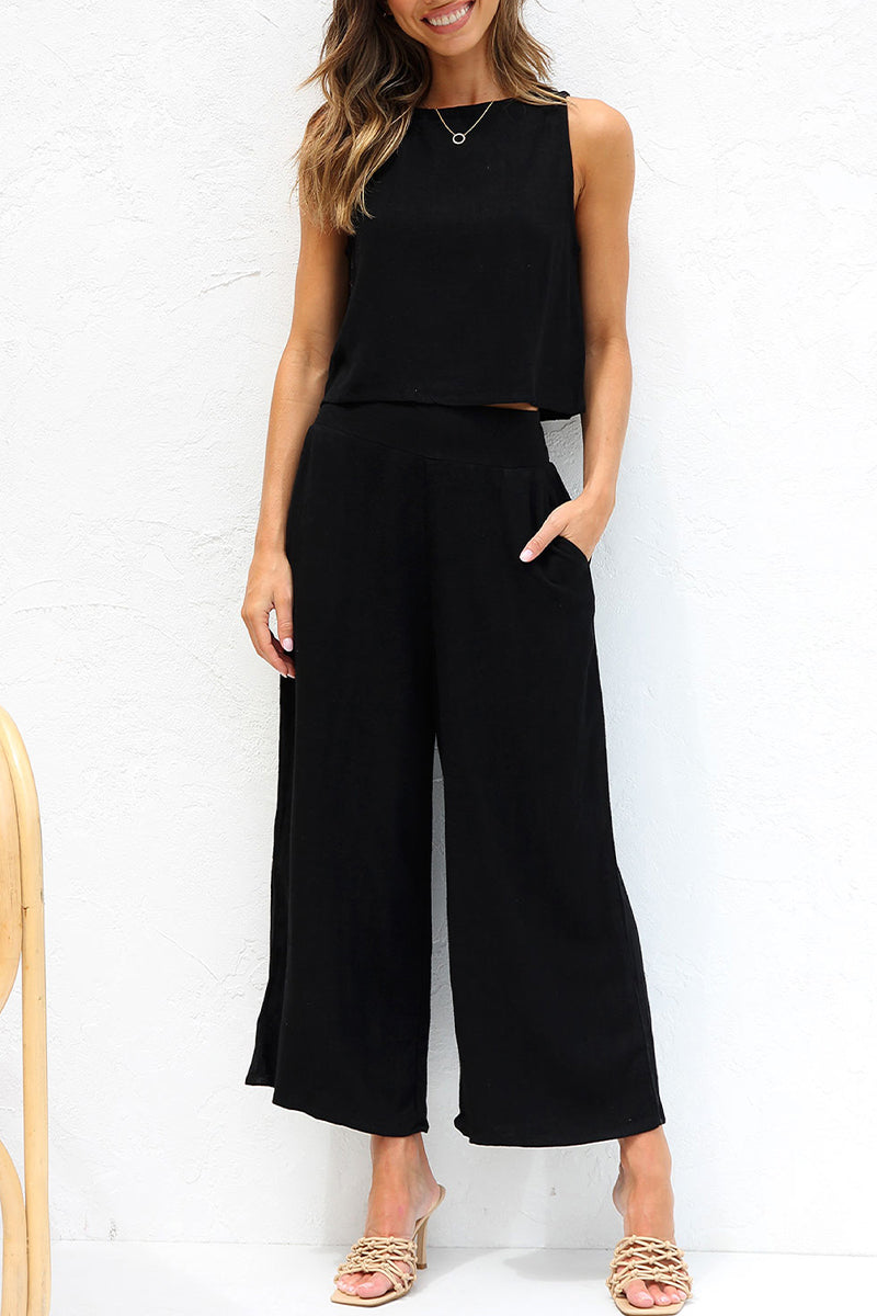 Kaynafashions - Casual Street Solid Buckle O Neck Sleeveless Two Pieces
