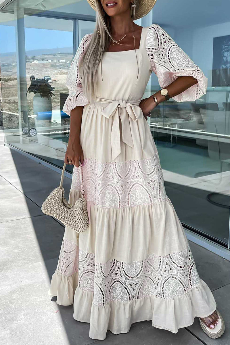 Kaynafashions - Elegant Solid Hollowed Out Frenulum Square Collar A Line Dresses