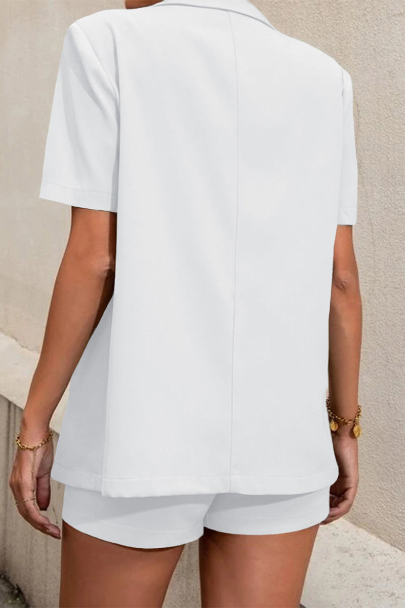 Kaynafashions - Casual Work Solid Buttons Turn-back Collar Short Sleeve Two Pieces