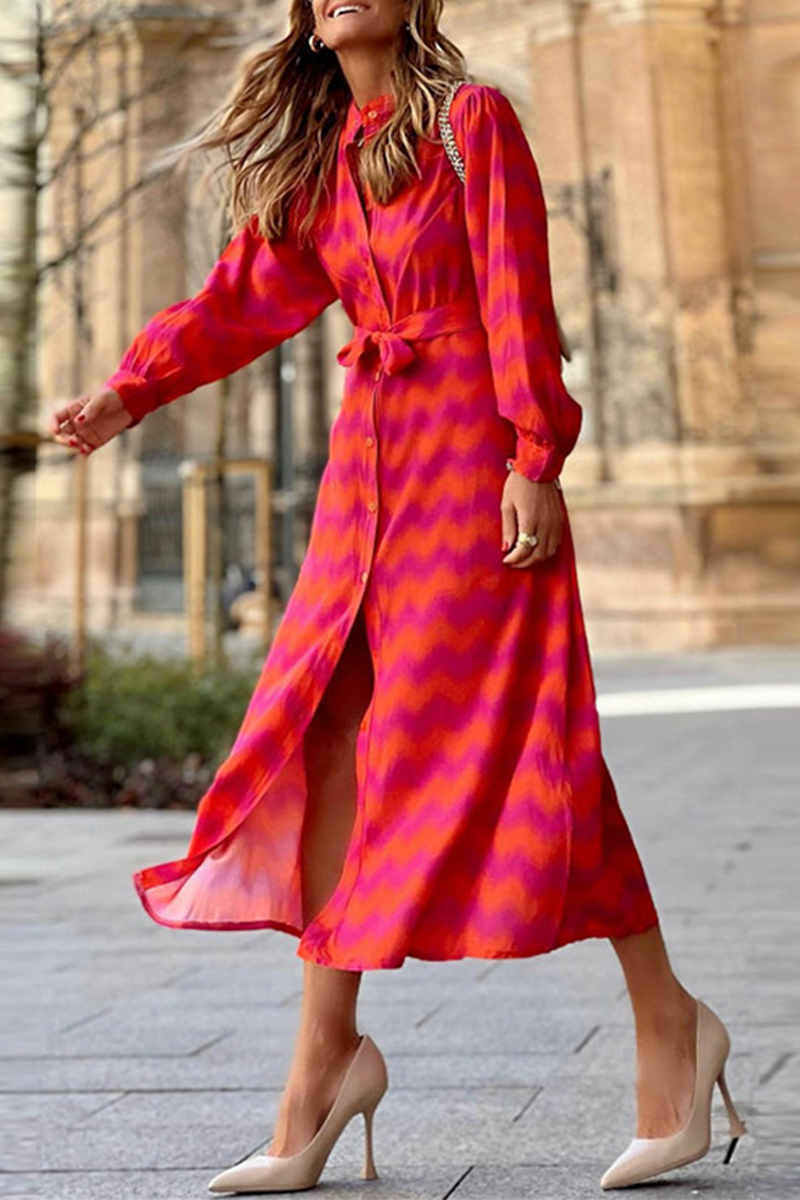 Kaynafashions - Casual Print Patchwork Turndown Collar Long Dress Dresses