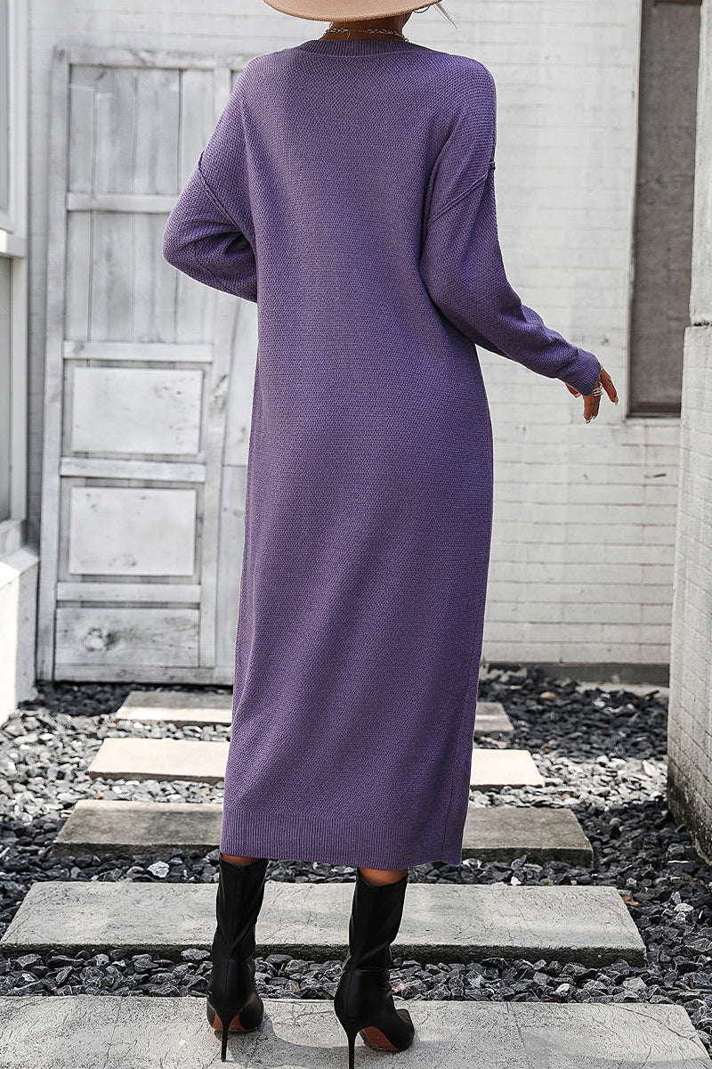 Kaynafashions - Elegant Solid Buckle O Neck Long Sleeve Dresses