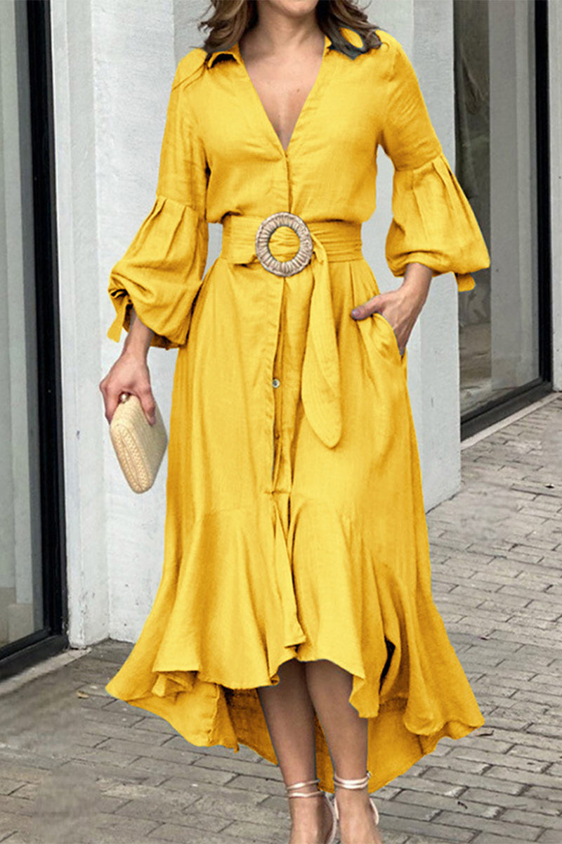 Kaynafashions - Street Solid With Belt V Neck A Line Dresses