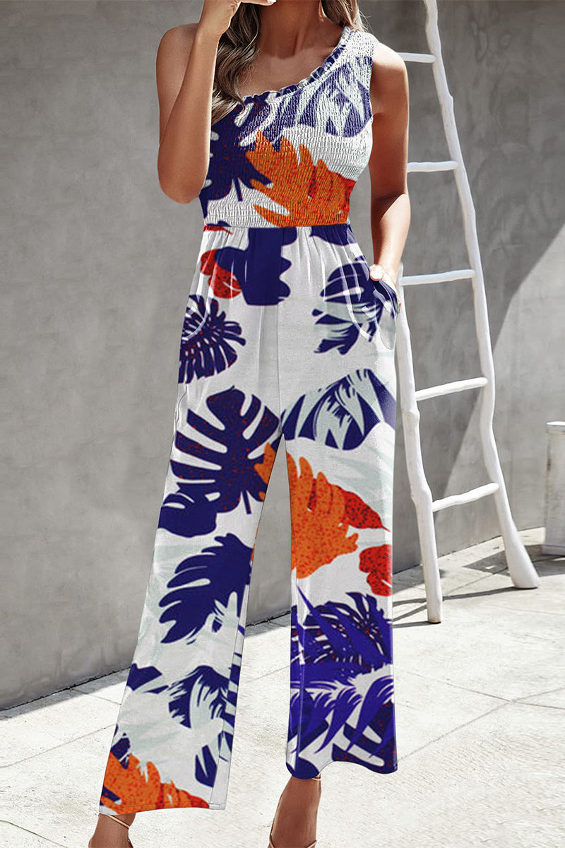 Kaynafashions - Casual Print Patchwork Pocket Oblique Collar Loose Jumpsuits