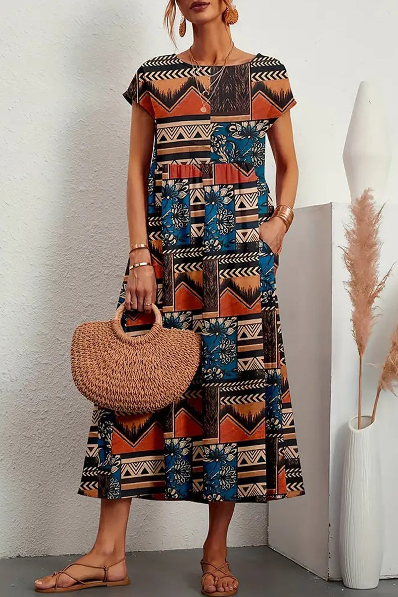 Kaynafashions - Casual Floral Pocket O Neck Printed Dress Dresses(9 Colors)