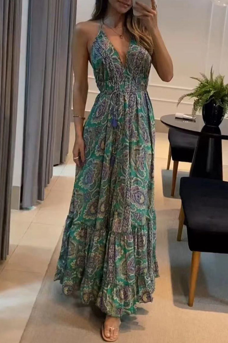 Kaynafashions - Bohemian College National Totem Patchwork V Neck Printed Dress Dresses(7 Colors)