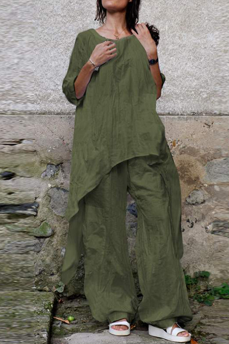 Kaynafashions - Casual Simplicity Solid Asymmetrical O Neck Three Quarter Two Pieces(4 Colors)