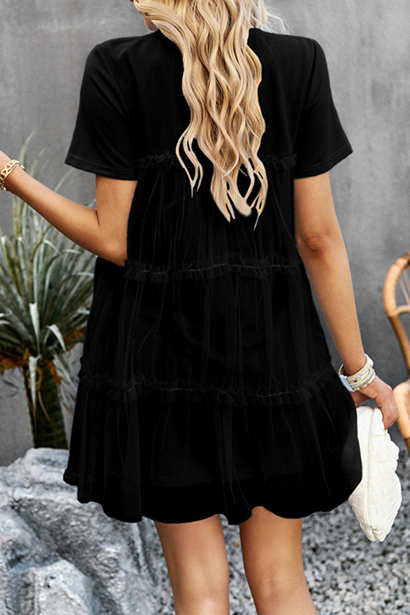 Kaynafashions - Sweet Elegant Solid Mesh O Neck Short Sleeve Dress