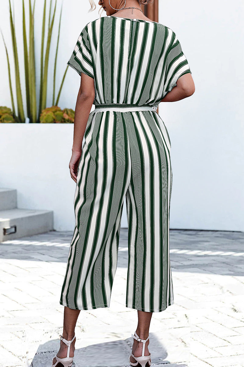 Kaynafashions - Casual Striped Contrast V Neck Loose Jumpsuits