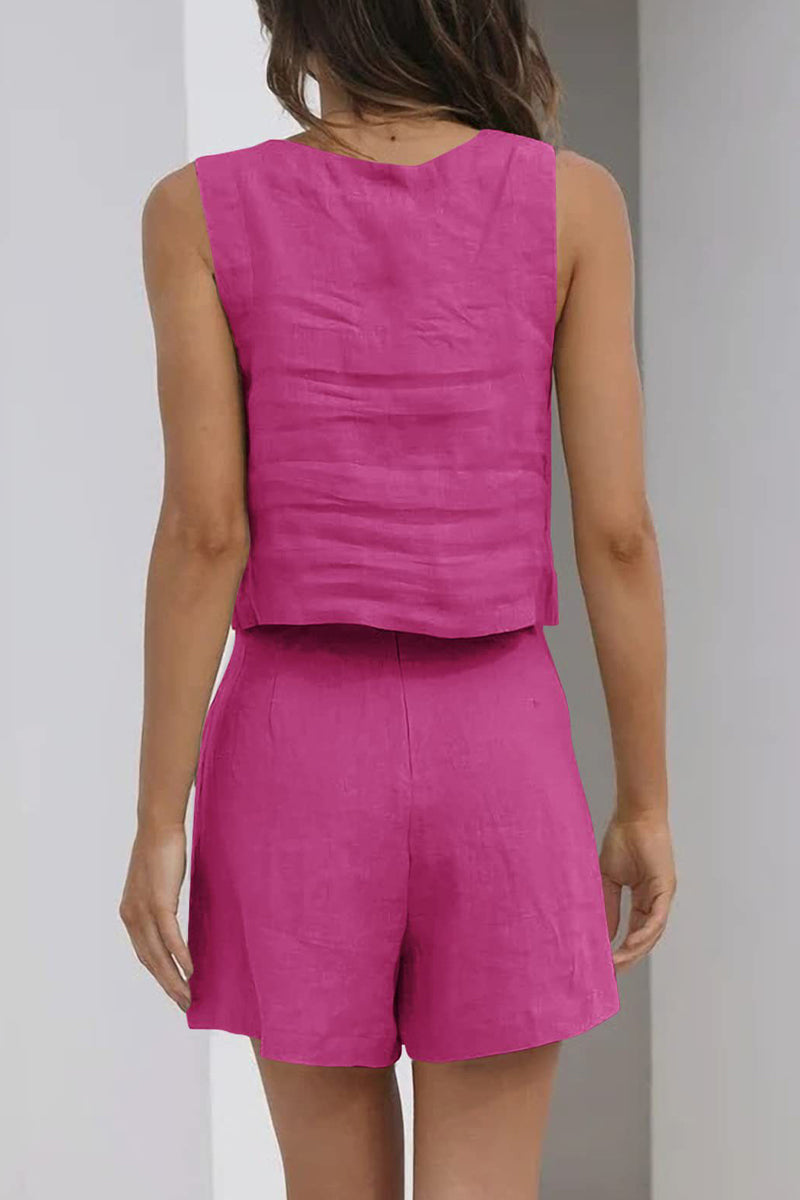 Kaynafashions - Casual Simplicity Solid Pocket Square Collar Sleeveless Two Pieces(16 Colors)