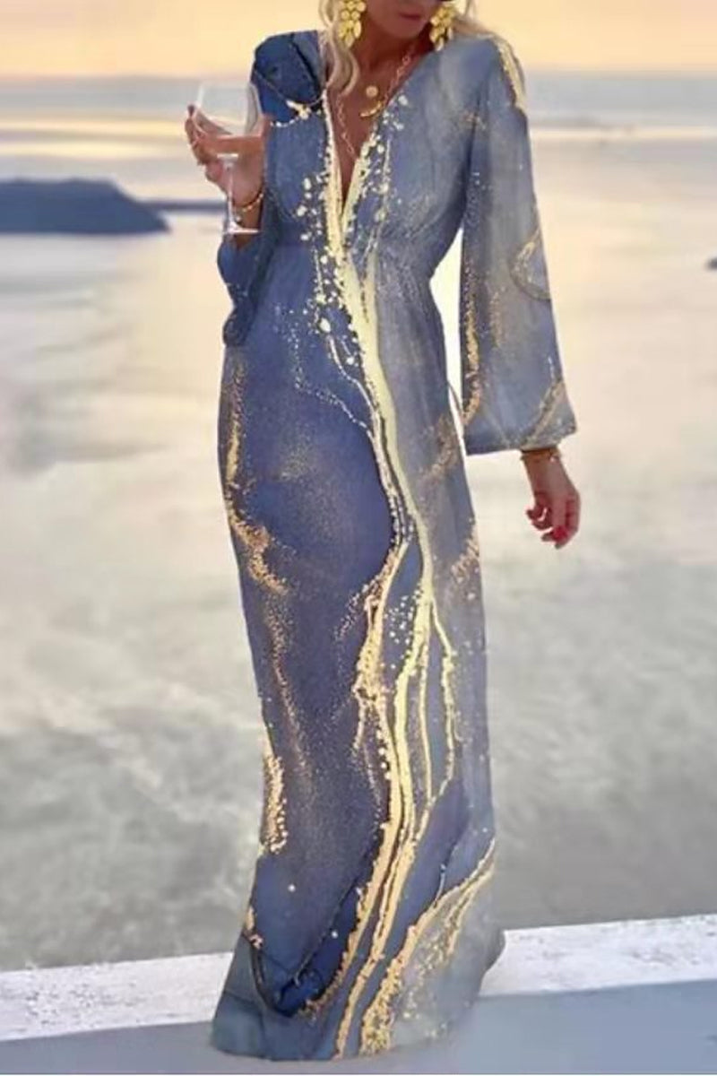 Kaynafashions - Casual Print Patchwork V Neck Printed Dress Dresses(3 Colors)