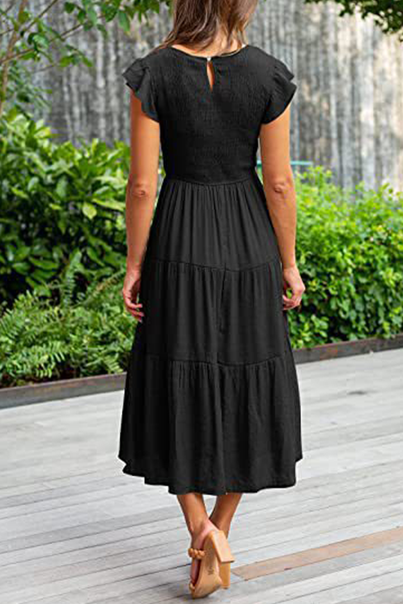 Kaynafashions - Fashion Solid Flounce O Neck Cake Skirt Dresses(9 colors)