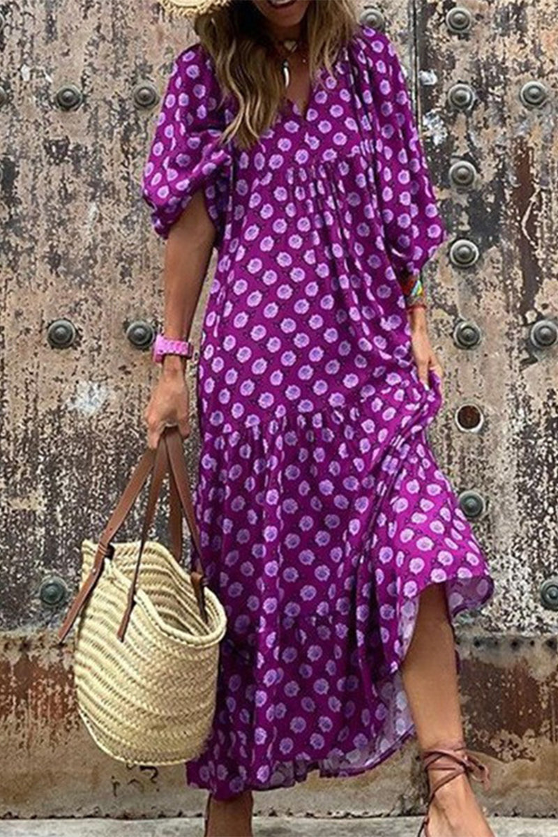 Kaynafashions - Sweet Elegant Print Floun)ce Printing O Neck Printed Dress Dresses(9 Colors)