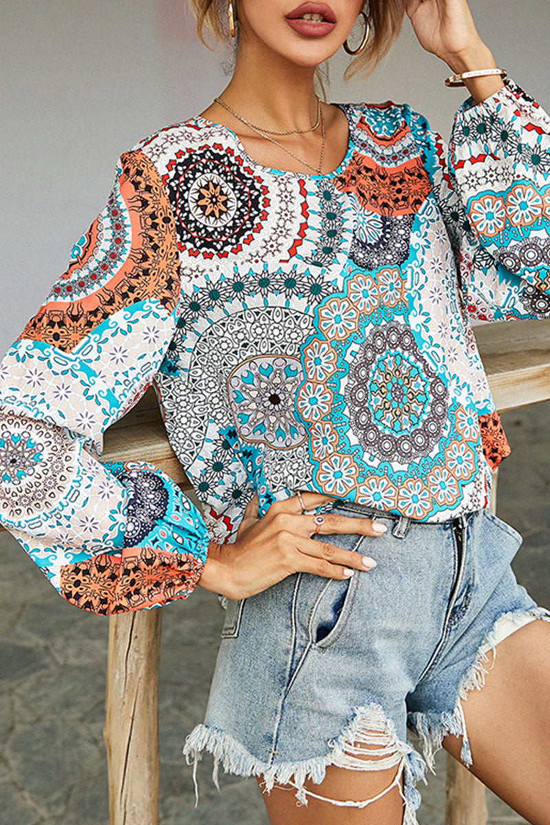 Kaynafashions - Fashion Casual Print Patchwork O Neck Tops