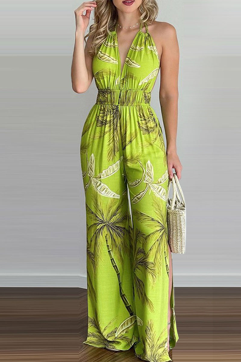 Kaynafashions - Casual Simplicity Print Spaghetti Strap Loose Jumpsuits(6 Colors)
