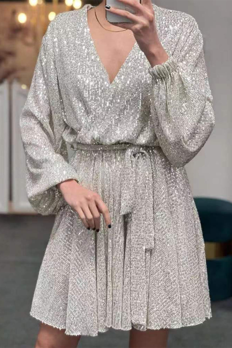 Kaynafashions - Celebrities Elegant Solid Sequins V Neck A Line Dresses