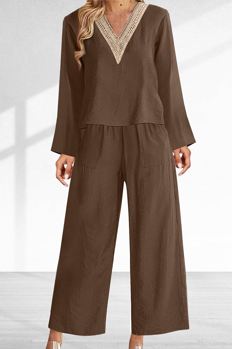 Kaynafashions - Casual Solid Lace Patchwork V Neck Long Sleeve Two Pieces