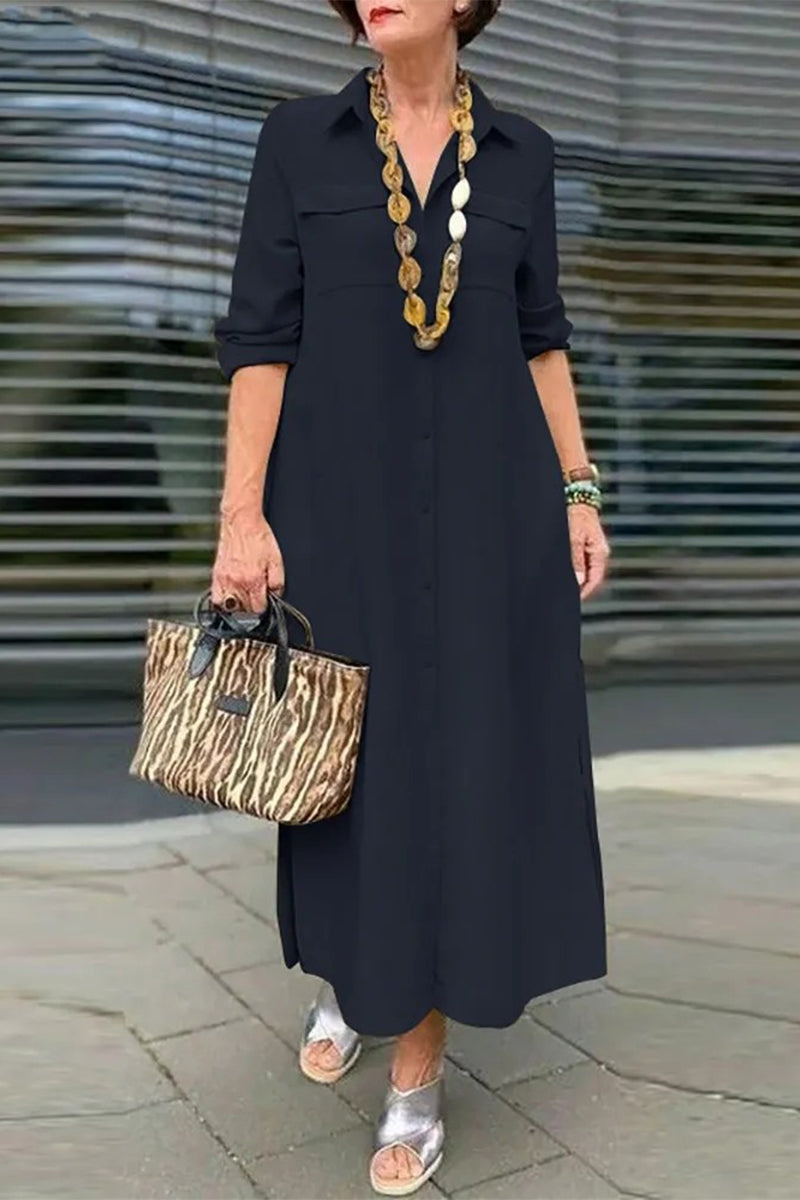 Kaynafashions - Casual Simplicity Buttons Turndown Collar Long Sleeve Dresses