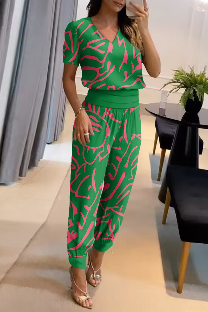 Kaynafashions - Casual Geometric Patchwork V Neck Short Sleeve Two Pieces(4 Colors)