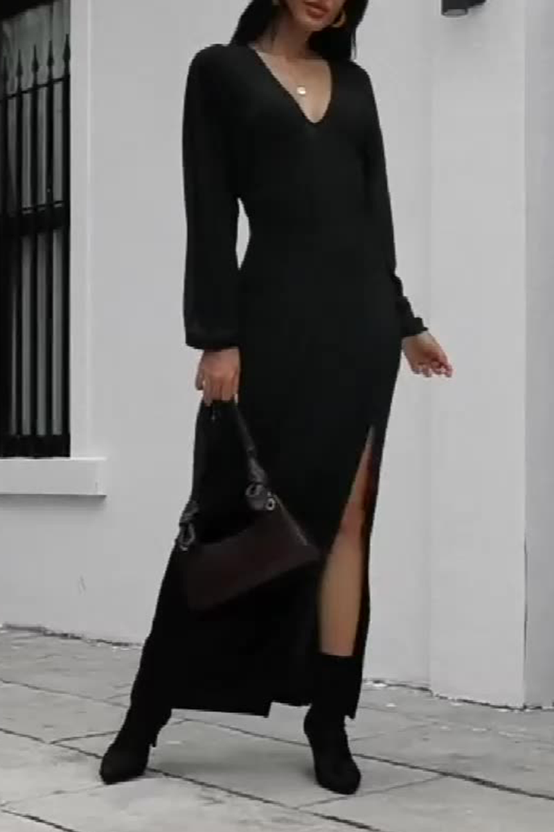 Kaynafashions - Casual Solid Slit V Neck Straight Dresses