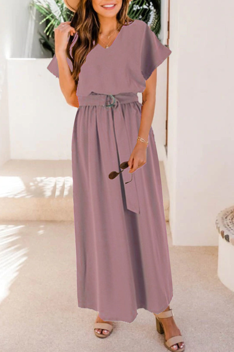 Kaynafashions - Casual Solid With Belt V Neck Waist Skirt Short Sleeve Dress(6 Colors)