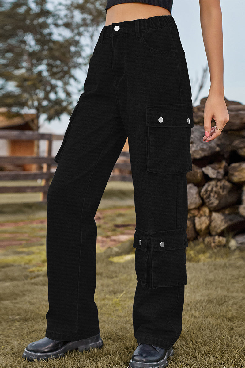 Kaynafashions - Street Solid Pocket Mid Waist Loose Denim Jeans