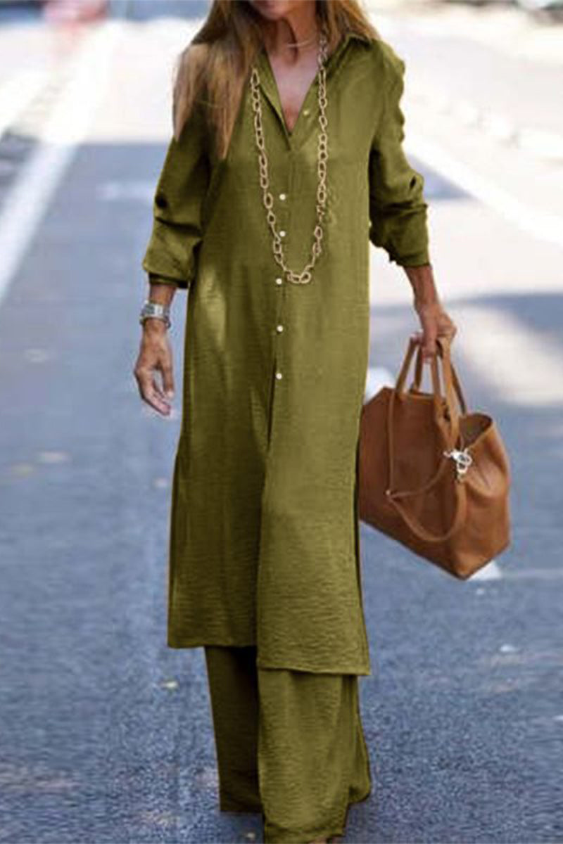 Kaynafashions - Casual Solid Buttons Turndown Collar Long Sleeve Two Pieces(3 Colors)