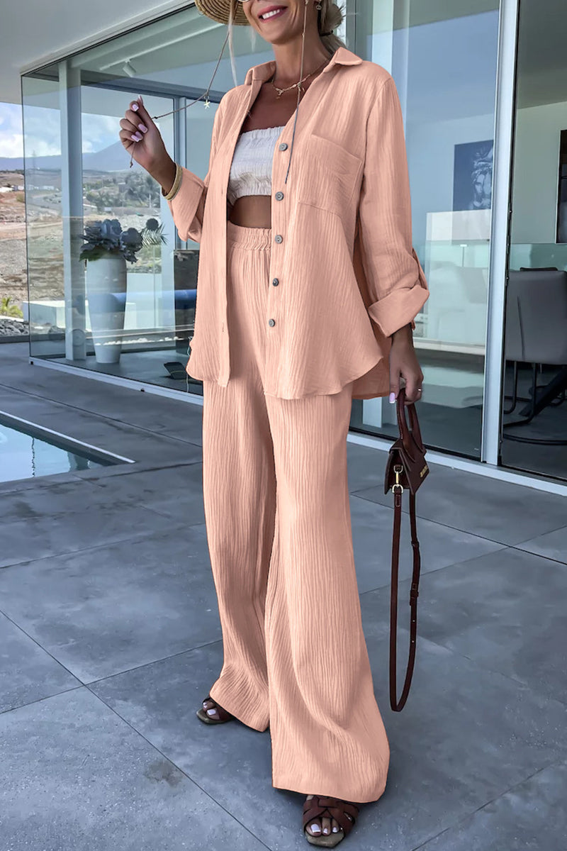 Kaynafashions - Casual Simplicity Solid Fold Turndown Collar Long Sleeve Two Pieces