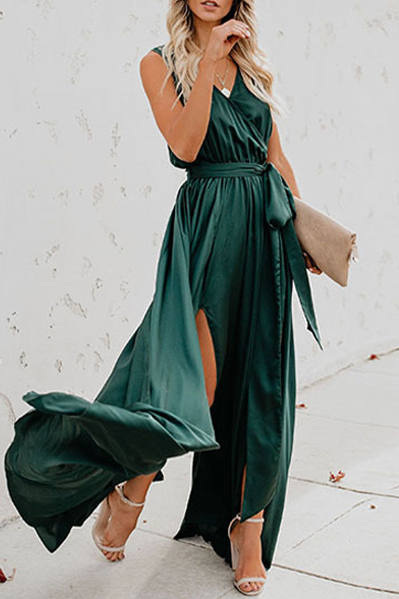 Kaynafashions - Elegant Solid High Opening V Neck Sleeveless Dress Dresses(3 Colors)