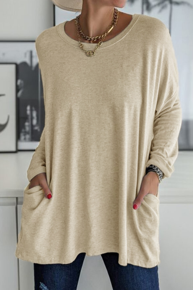 Kaynafashions - Casual Solid Patchwork Pocket O Neck Tops