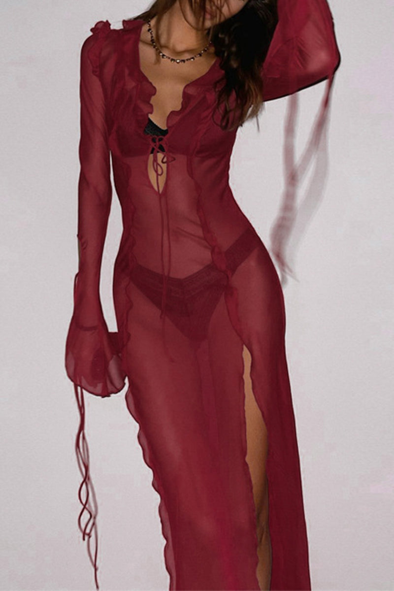 Kaynafashions - Sexy Solid Frenulum See-through V Neck A Line Dresses