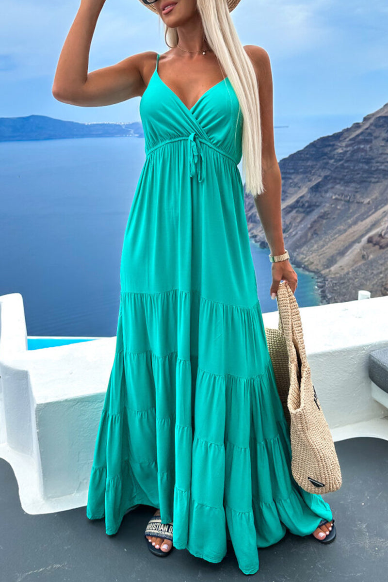 Kaynafashions - Sexy Simplicity Solid Fold V Neck Cake Skirt Dresses(6 Colors)