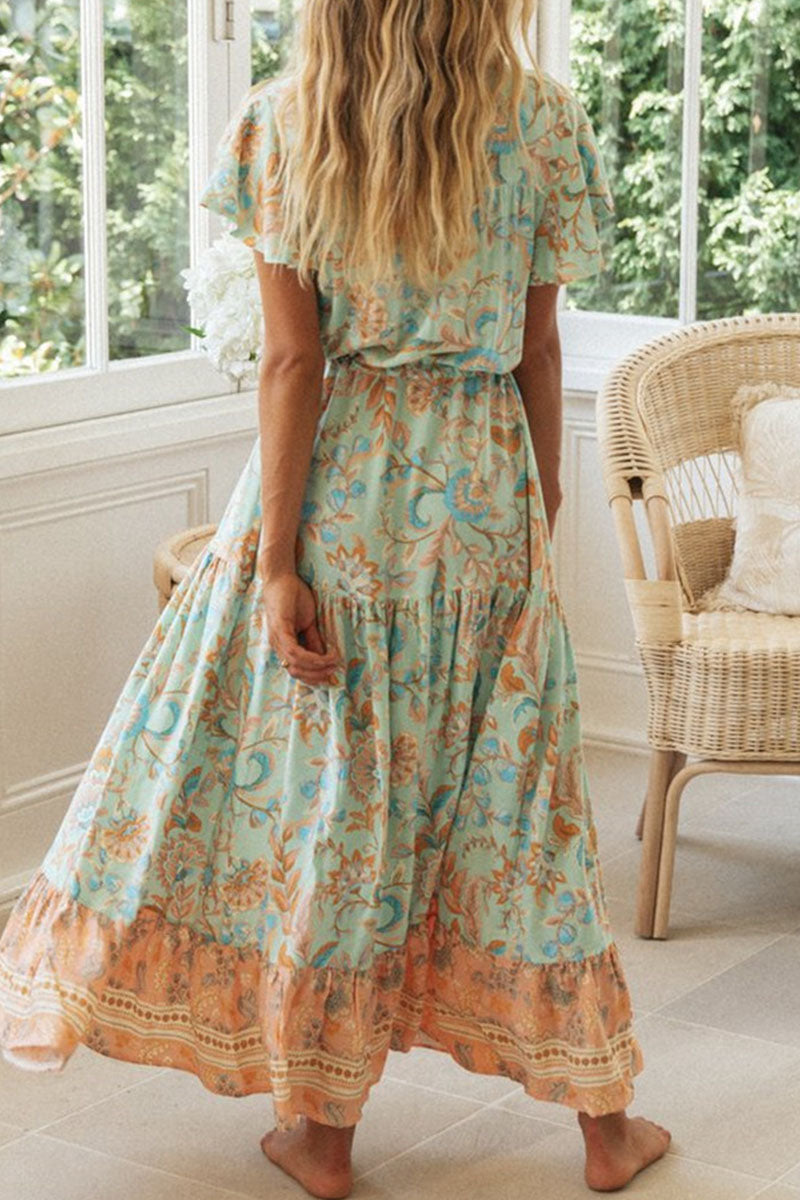 Kaynafashions - Fashion Vacation Print Patchwork V Neck Printed Dresses