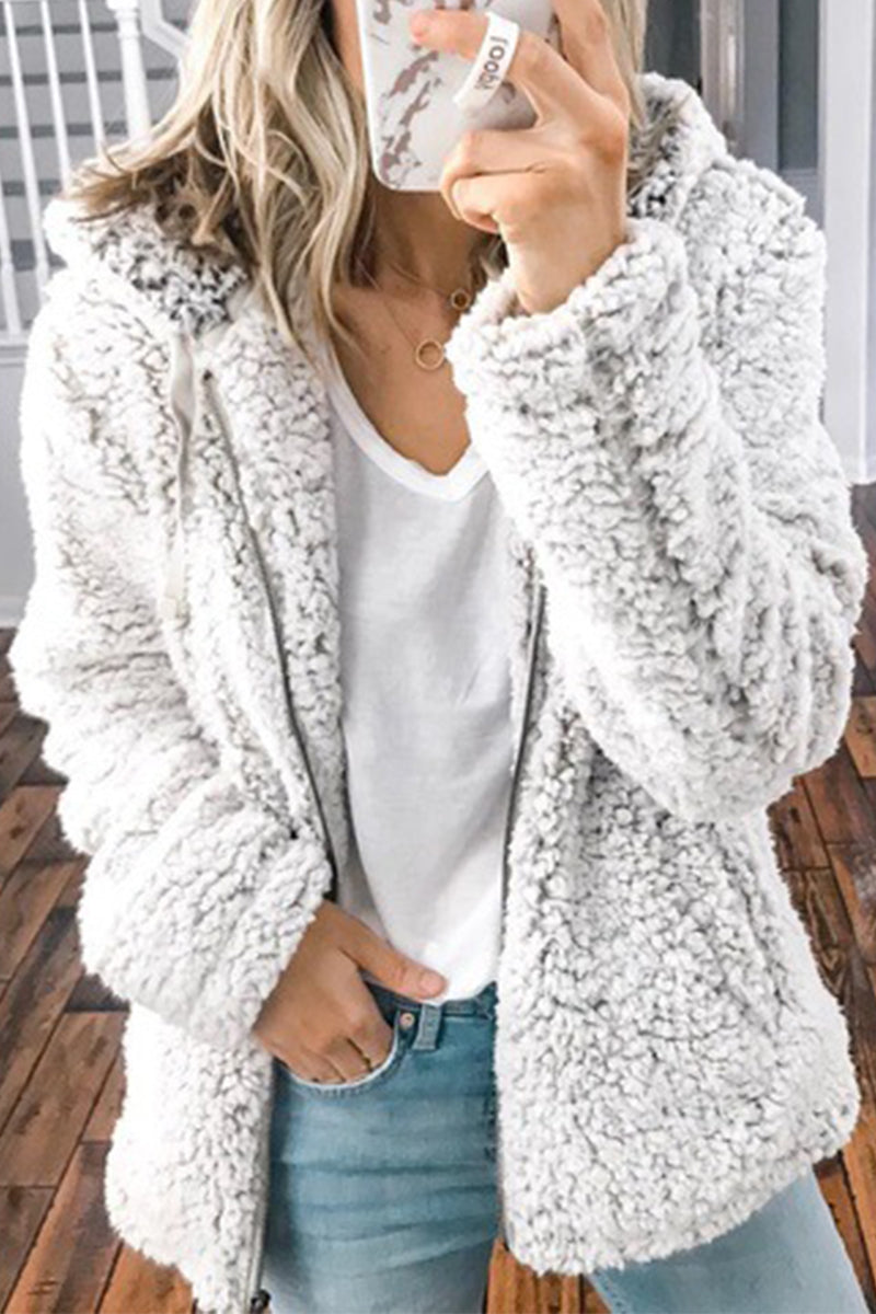 Kaynafashions - Fashion Solid Pocket Zipper Hooded Collar Outerwear(4 Colors)