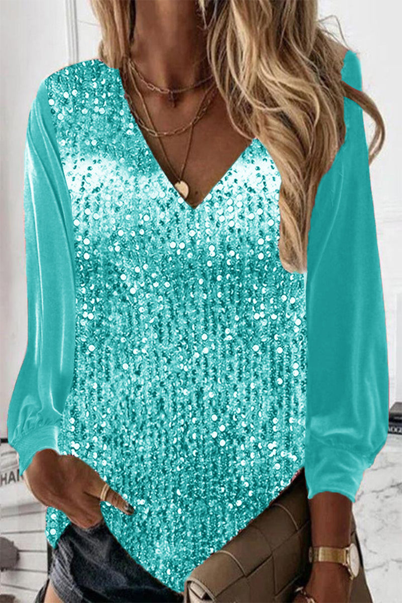 Kaynafashions - Casual Solid Sequins V Neck Tops